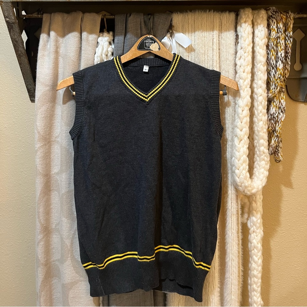 Charcoal gray sweater vest with yellow pin stripes